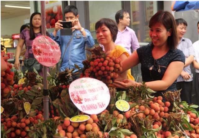 Khách hàng đến thử và mua sản phẩm Vải thiều Thanh Hà ngay sau chương trình sự kiện